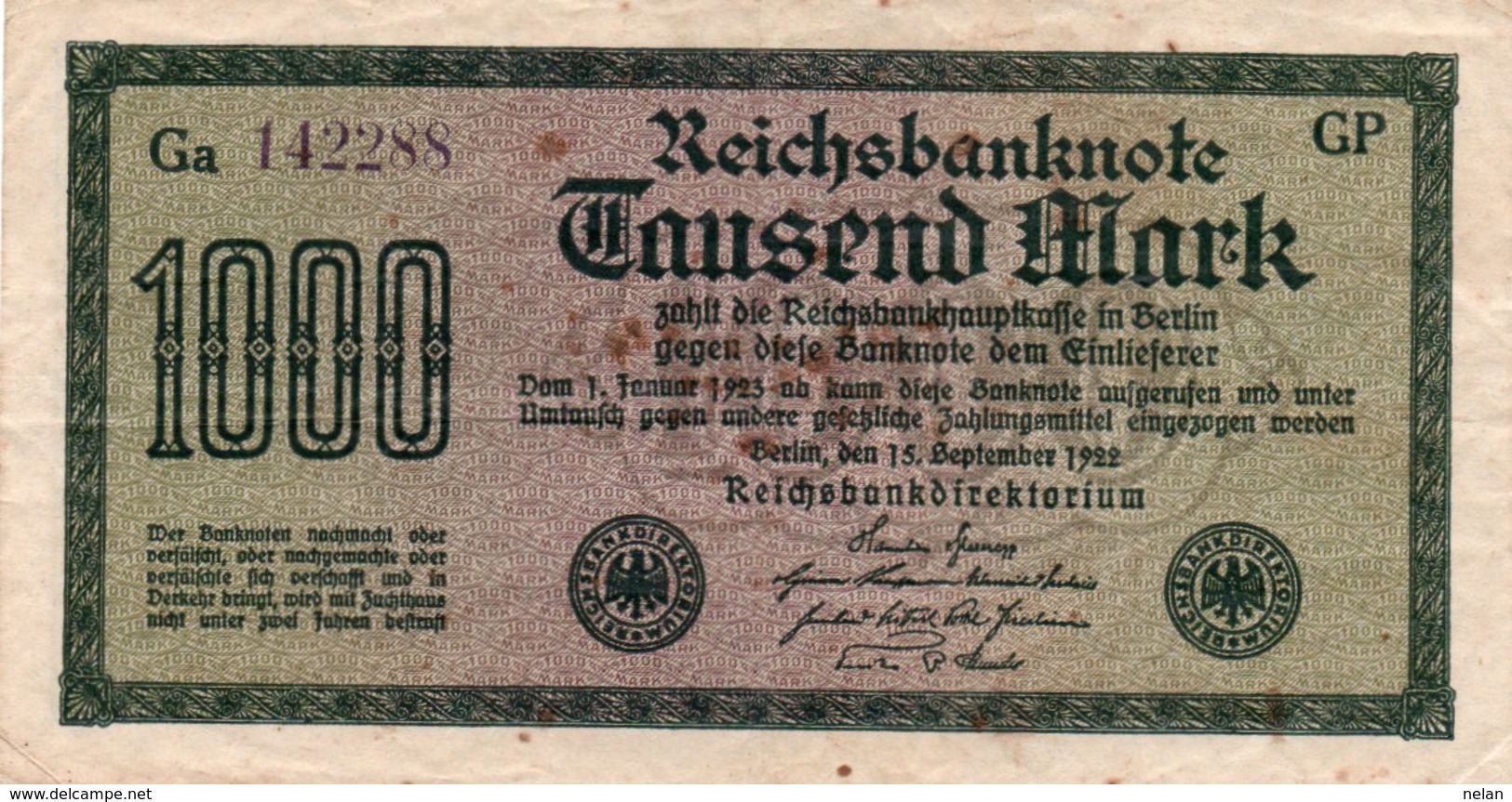 GERMANY-  1000 MARK 1922  P-76d  CIRC.   Filigran -Kreuzblüten  Serie Ga142288 - 1000 Mark