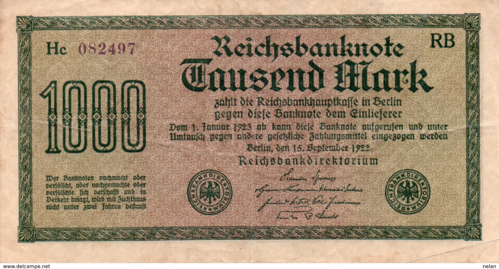 GERMANY-  1000 MARK 1922  P-76d  CIRC.   Filigran -Kreuzblüten  Serie Hc 082497 - 1.000 Mark