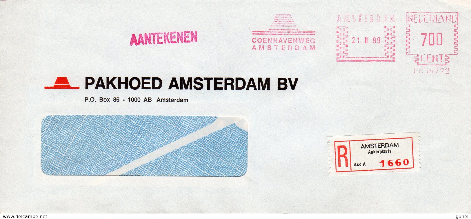 21 II 89  Roodfrankering Amsterdam Op Aangetekende Vensterenvelop Met Firmalogo - Marcofilia