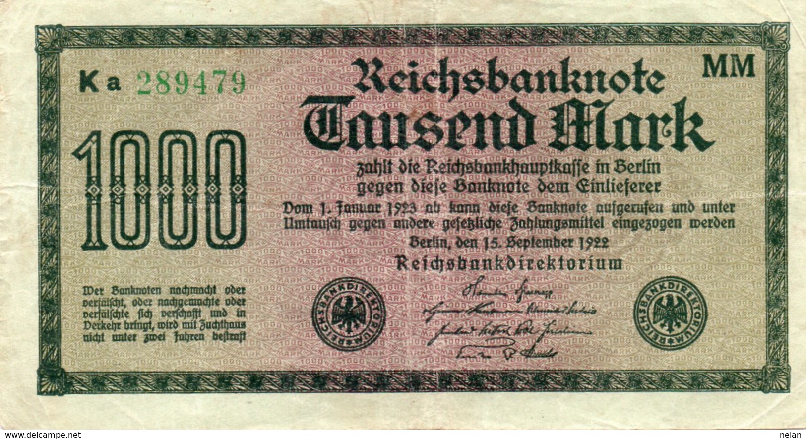 GERMANY-  1000 MARK 1922  P-76h  CIRC.    Filigran - Wielecke - 1000 Mark