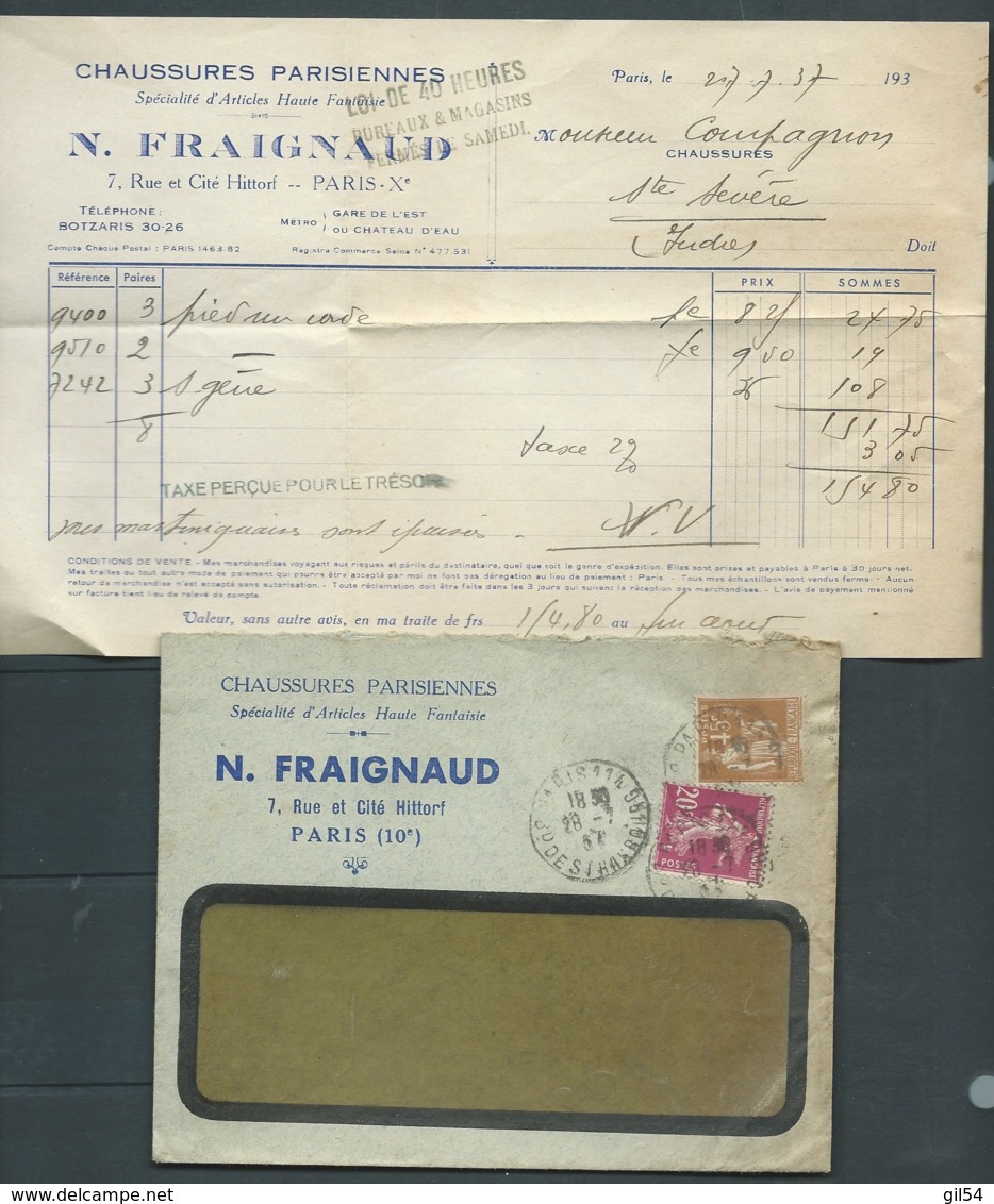 Lac ( Facture ) Affranchie Par Yvert N° 282 + 190le 28/07/1937 (  Tarif Du 12/07/1937)   -   Raa6104 - 1932-39 Paz