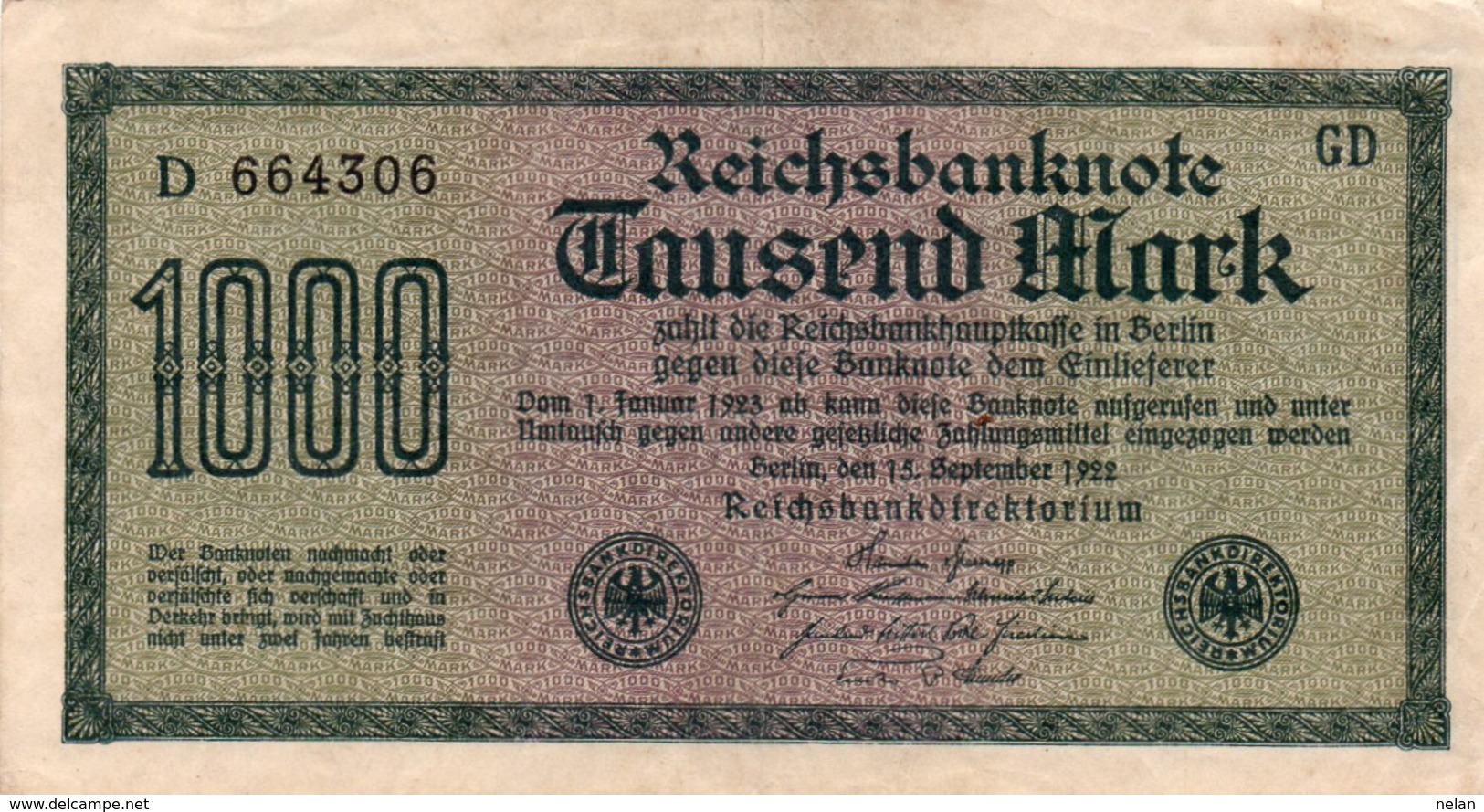 GERMANY-  1000 MARK 1922  P-76a  CIRC.xf+aunc    Filigran -Hakensterne  Serie D 664306 - 1000 Mark