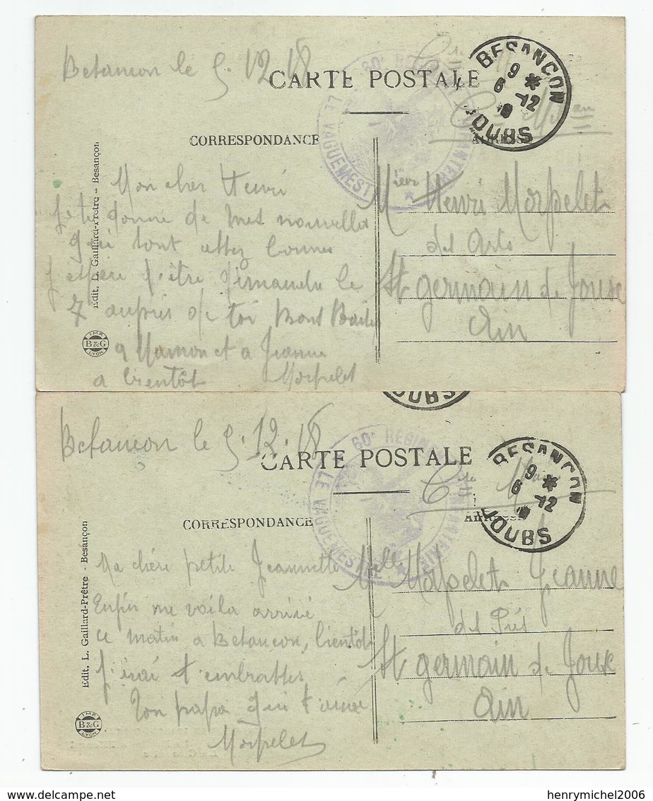 Marcophilie 1918 Lot 2 Cpa Besançon 25 Doubs Cachet 60e Régiment D'infanterie Pour St Germain De Joux 01 Ain - WW I