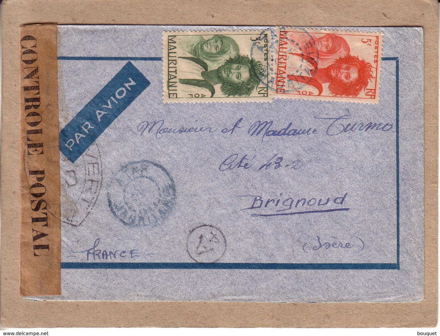 MAURITANIE , ISERE - GUERRE 1939-45 - LETTRE PAR AVION D' ATAR POUR BRIGNOUD , CONTROLE POSTAL + OUVERT , A4 - Covers & Documents