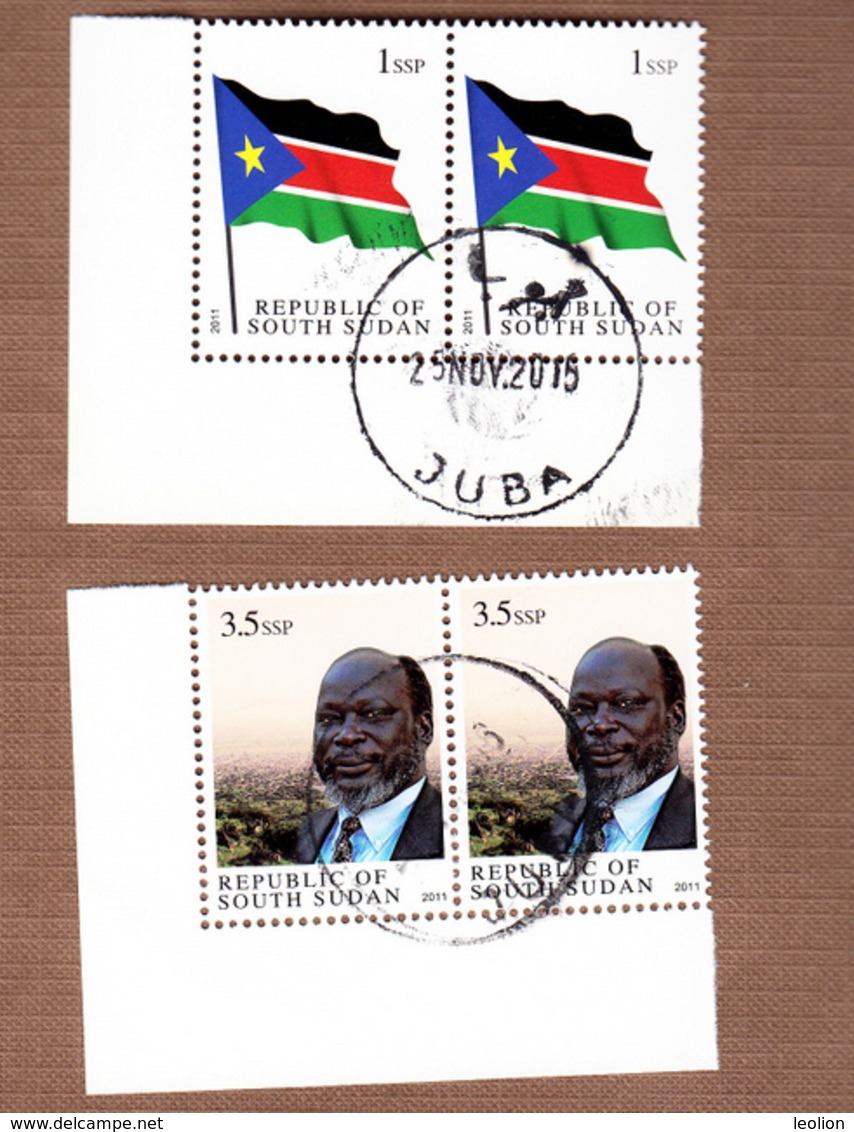 Cancelled Pair 1st Stamps Independent SOUTH SUDAN 1SSP National Flag And 3.5 SSP Dr John Garang SOUDAN Du Sud Südsudan - Sud-Soudan