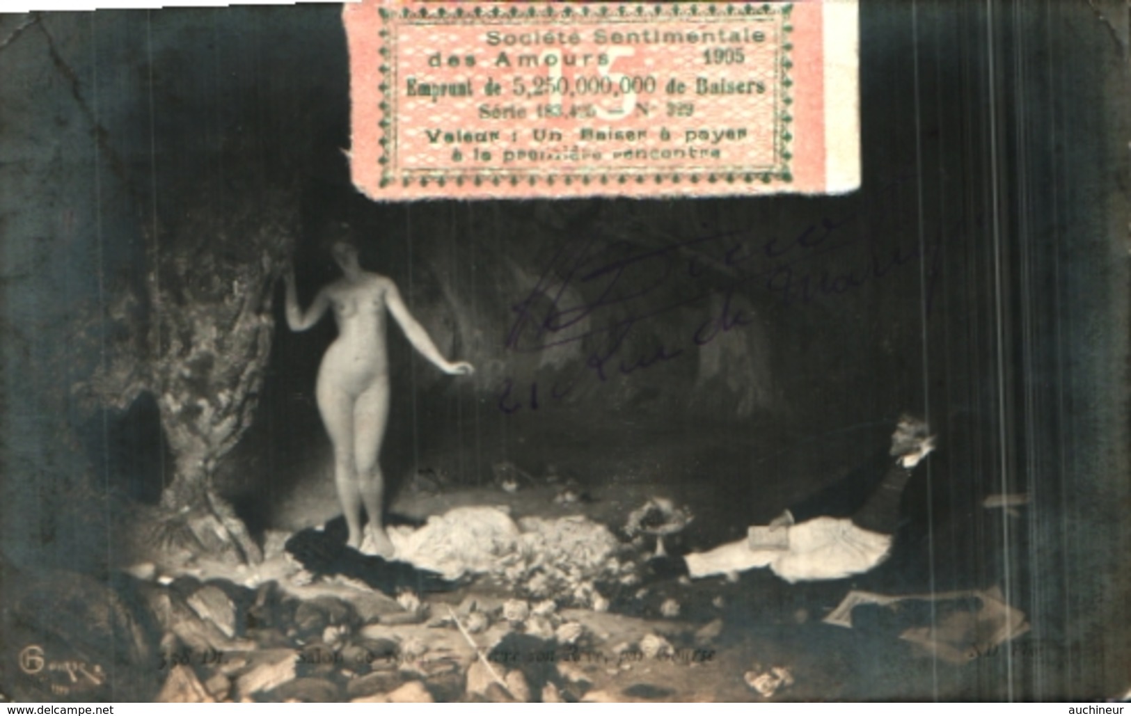 Tableau 630 Gourse, Vivre Son Rêve, Femme Nue Grotte (vignette Baisers 1905 - Malerei & Gemälde