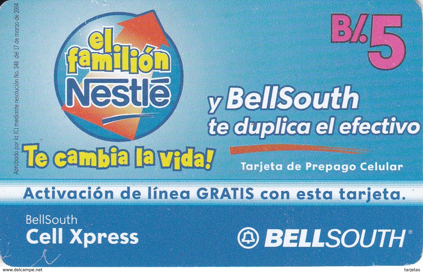 TARJETA DE PANAMA DE BELLSOUTH DE B/.5 EL FAMILION NESTLE - Panama