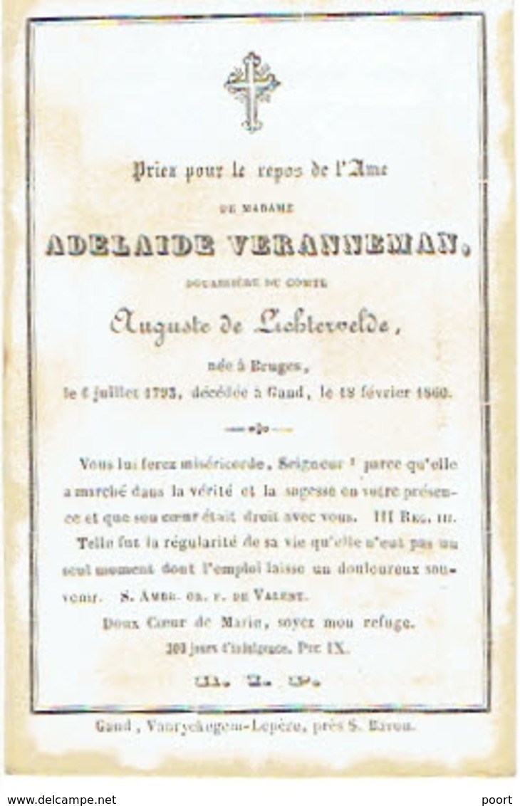 BRUGGE / GENT - Adelaide VERANNEMAN -  (Douairière COMTE AUGUSTE De LICHTERVELDE) - °1795 En +1860  - (Franstalig) - Devotion Images