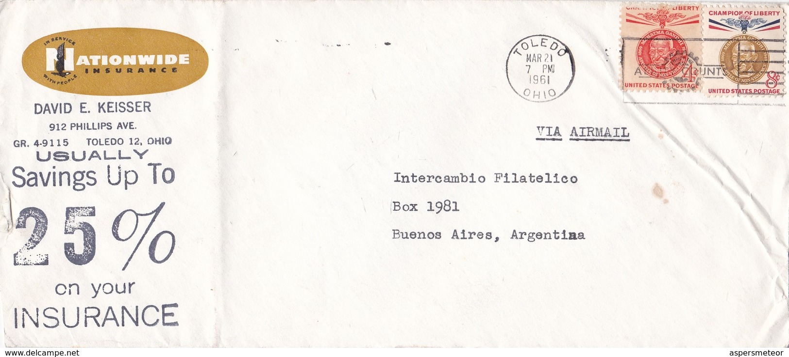 "NATIONWIDE INSURANCE" USA COMMERCIAL COVER, CIRCULATED TOLEDO TO BUENOS AIRES, ARGENTINA IN 1961 -LILHU - Brieven En Documenten