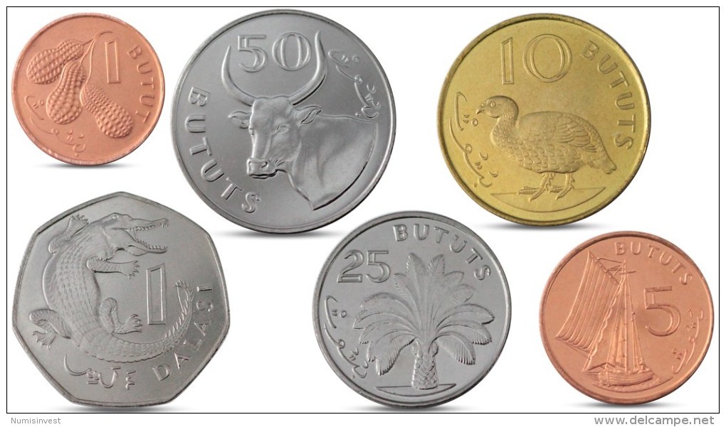 GAMBIA CURRENCY SET 6 COINS 1, 5, 10, 25, 50 BUTUTS, 1 DALASI 1998 2014 UNC - Gambia