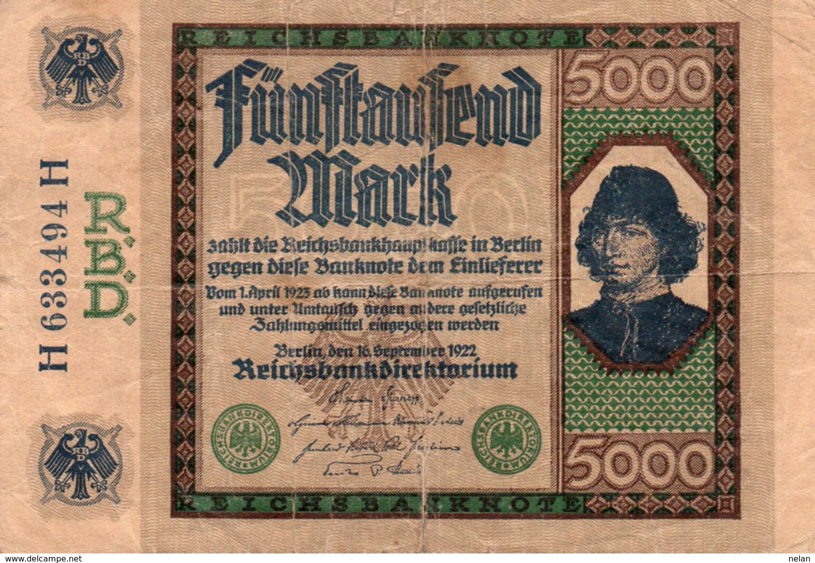 GERMANY- 5000 MARK 1922  P-77  Circ. SERIE H 633494  H  (piccola Rottura Centro-1 Cm) - 5000 Mark