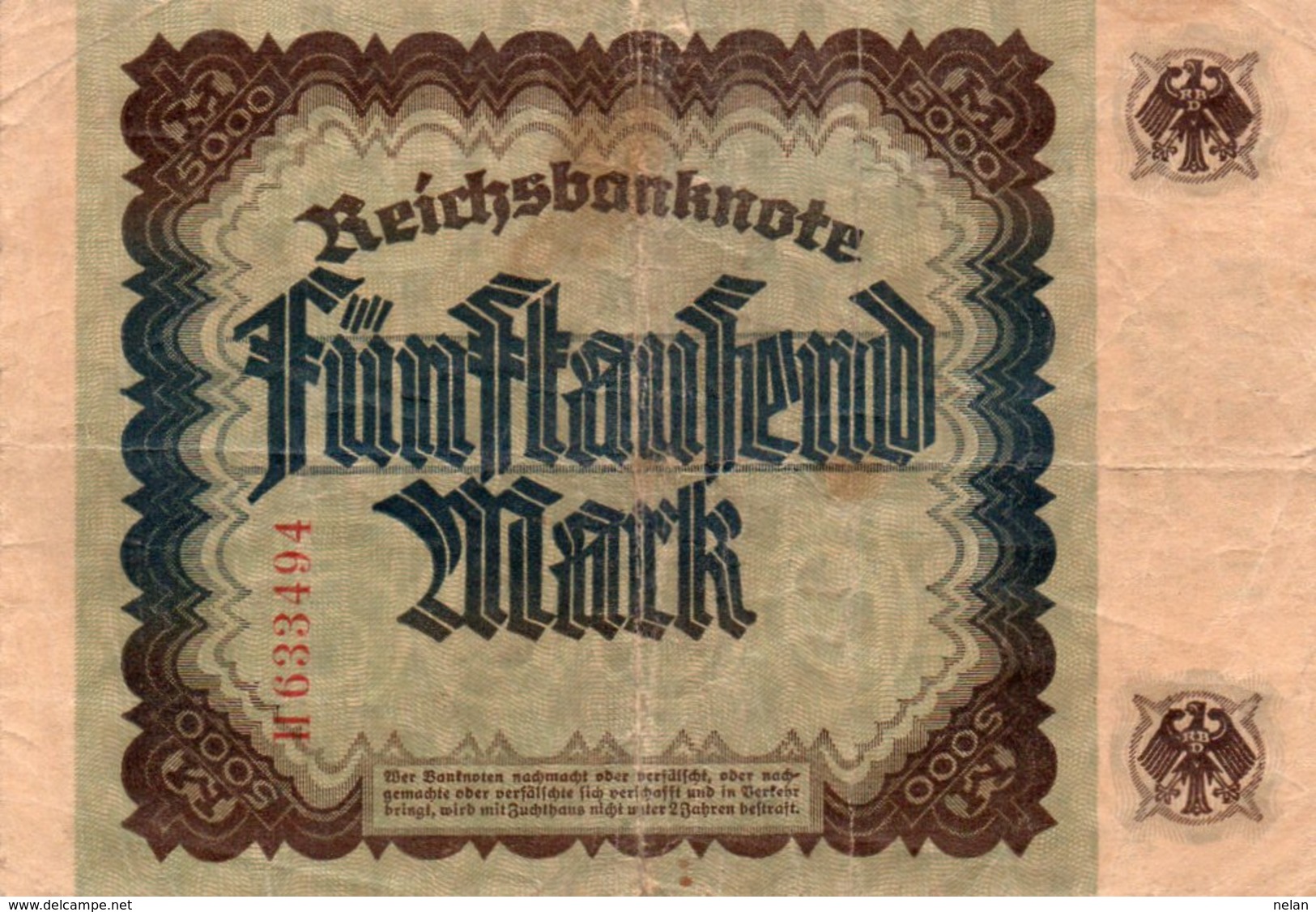 GERMANY- 5000 MARK 1922  P-77  Circ. SERIE H 633494  H  (piccola Rottura Centro-1 Cm) - 5.000 Mark