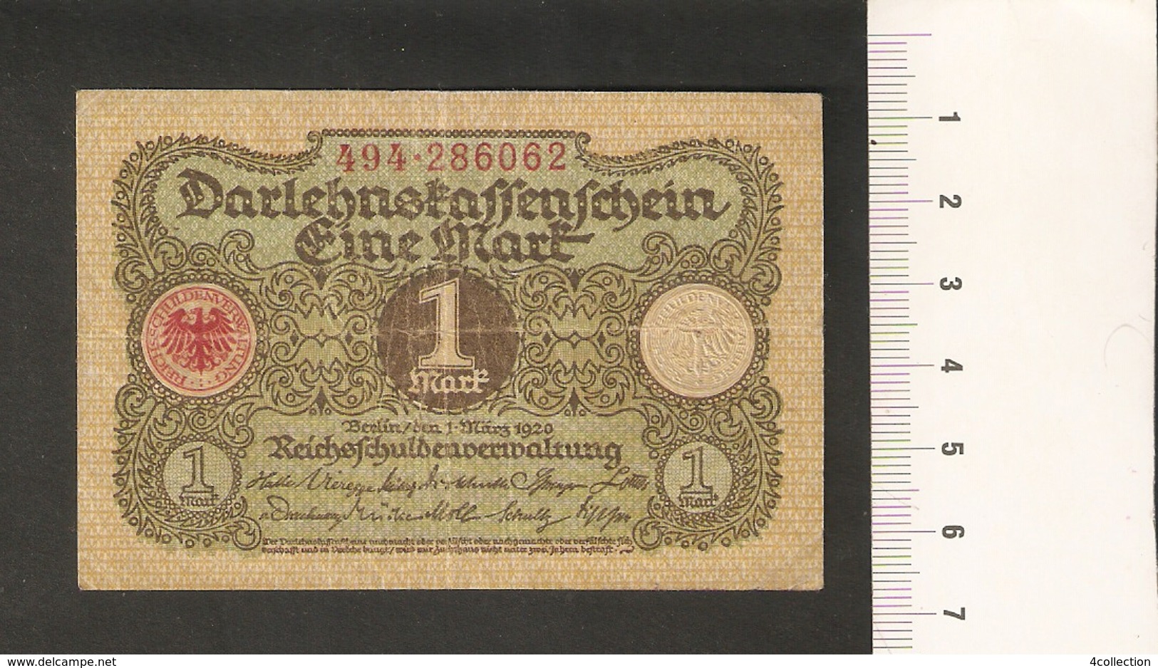 T. Germany Weimar Republic Darlehenskassenschein 1 MARK 1920 - # 494 . 286062 - 1 Mark