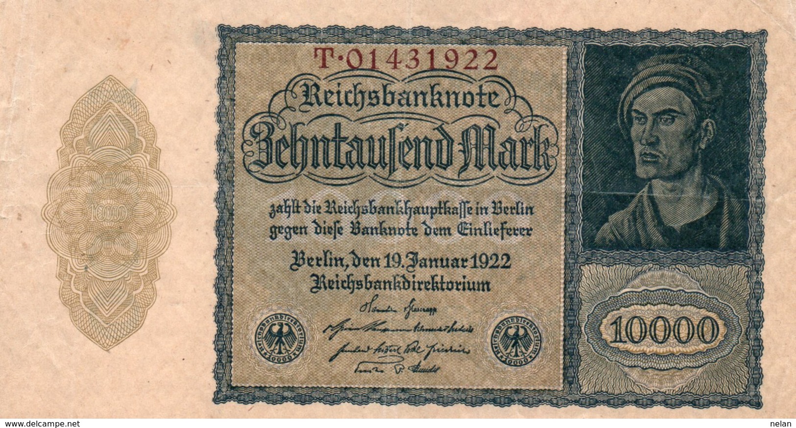 GERMANY- 10000 MARK 1922  P-72/2  Circ Xf+aunc  SERIE  T-014331922 - 10000 Mark