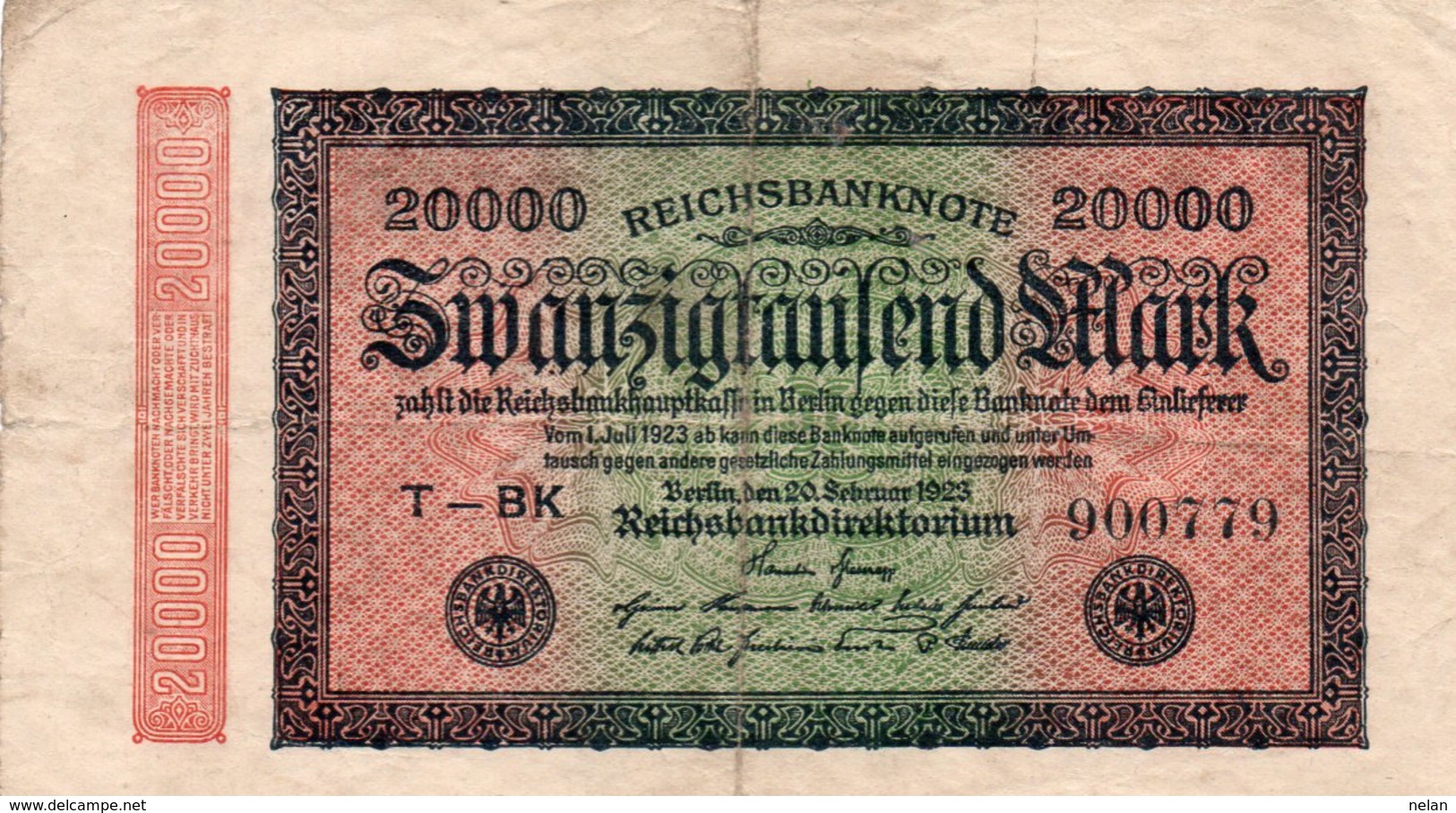 GERMANY- 20000 MARK 1923  P-85a/2  Circ   SERIE  T-BK  900779  -Filigrana: Ringe - 20.000 Mark