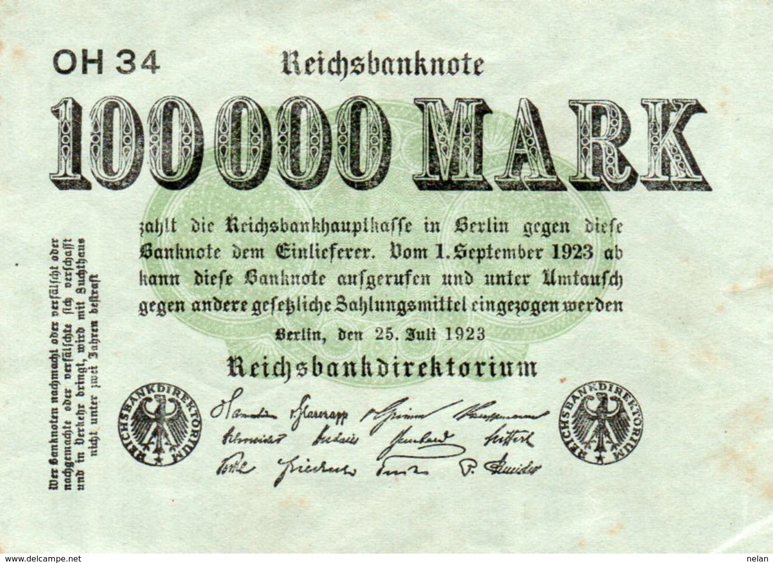 GERMANY- 100000 MARK 1923  P-91a  CircXF+AUNC   SERIE  OH 34 - 100000 Mark