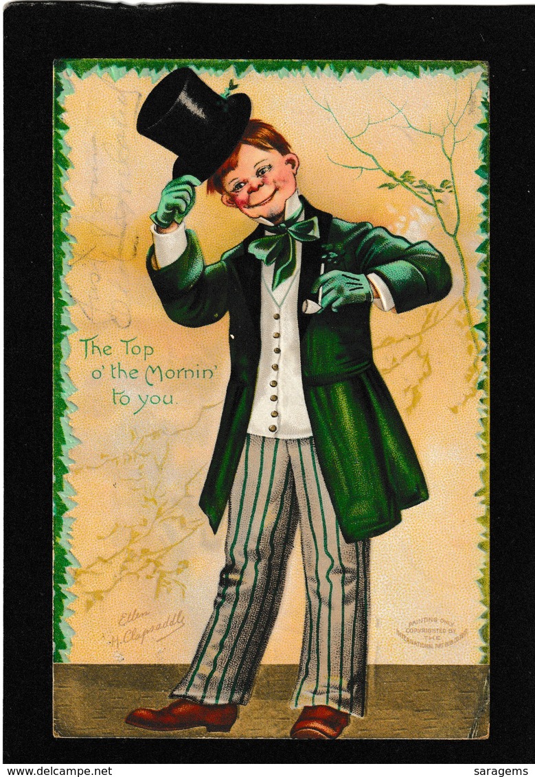 Ellen Clapsaddle Signed - St Pats Day Gentleman "Top O' The Mornin' To You" 1909 - Antique Postcard - Clapsaddle