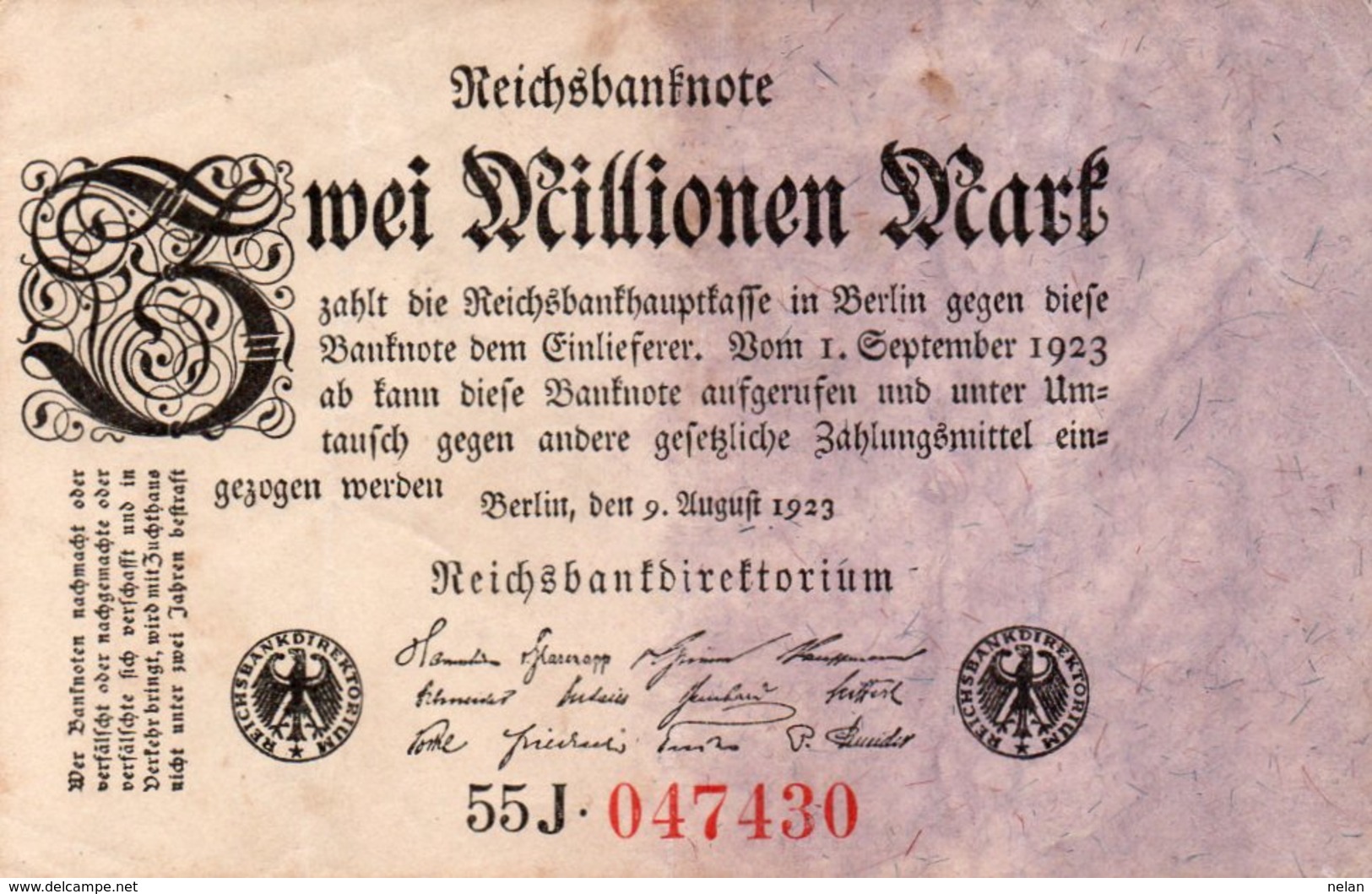 GERMANY- 2 MILLIONEN MARK 1923  P-103.2  Circ XF   SERIE  55J-047430 - 2 Millionen Mark