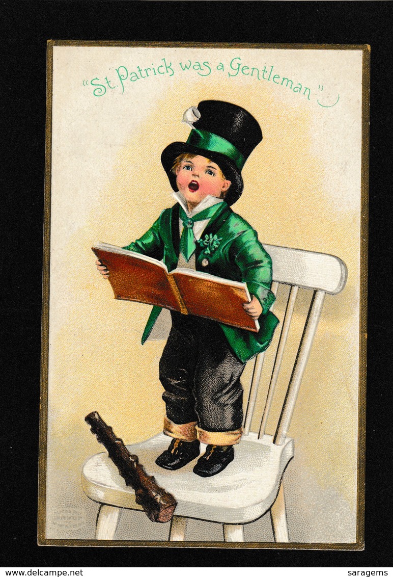 Ellen Clapsaddle - St Pats Day Young Boy Stnading On His Chair" - Antique Postcard - Clapsaddle