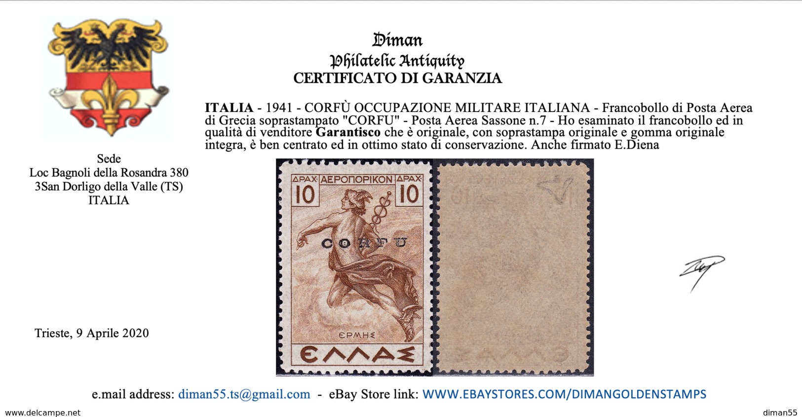 Corfù Occ. Italiana - Firmato Diena - Cat. 6000 Euro Con Certificato - Sassone N. 7 Posta Aerea -GOMMA INTEGRA - MNH** - Korfu