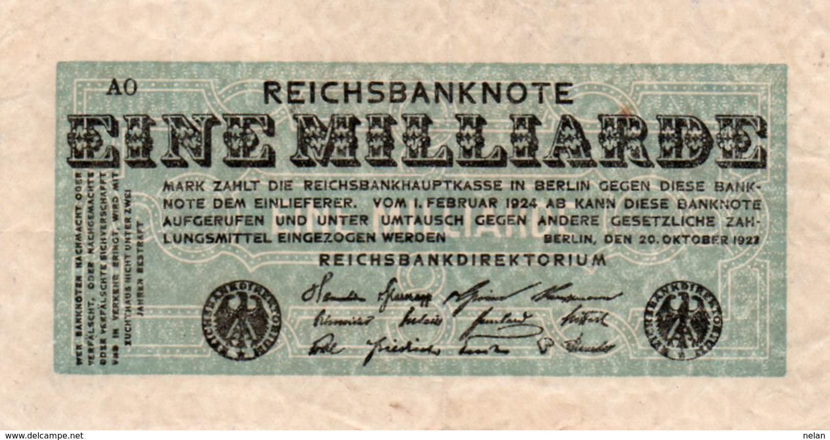 GERMANY-1MILLIARDE MARK 1923  P-122.1  Circ XF   UNIFACE - 1 Milliarde Mark