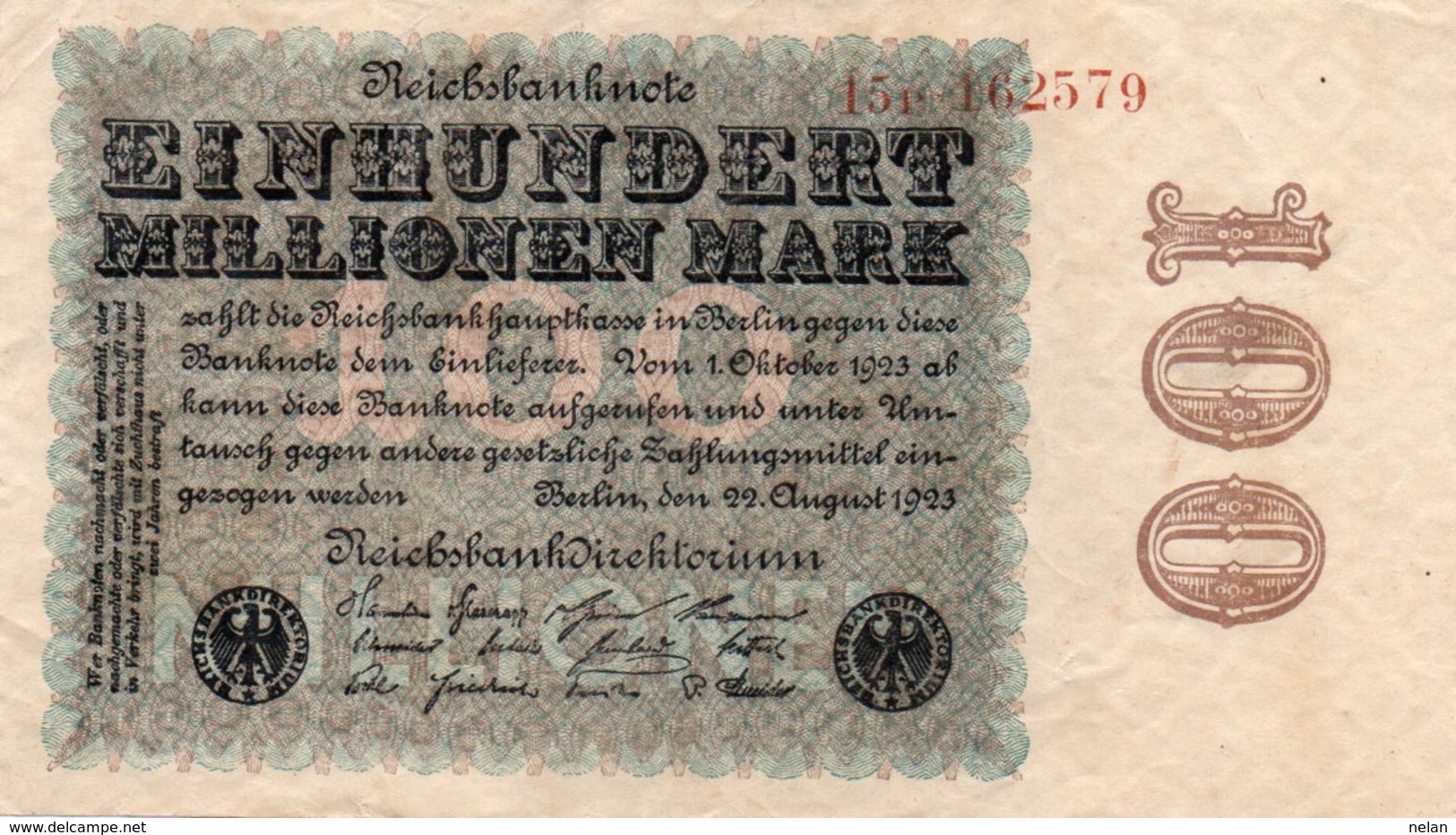 GERMANY-100 MILLIONEN MARK 1923  P-107b2  Circ XF++   UNIFACE - 100 Millionen Mark