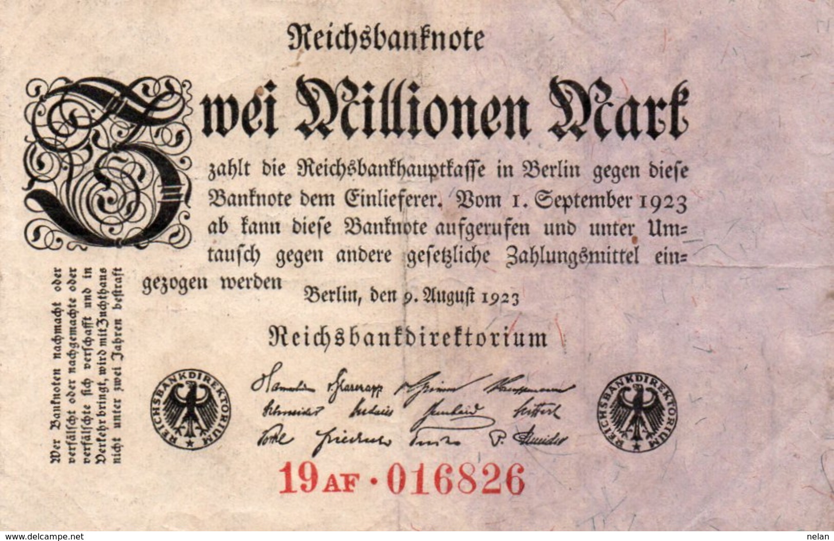 GERMANY-2 MILLIONEN MARK 1923  P-103c  Circ XF  UNIFACE - 2 Millionen Mark