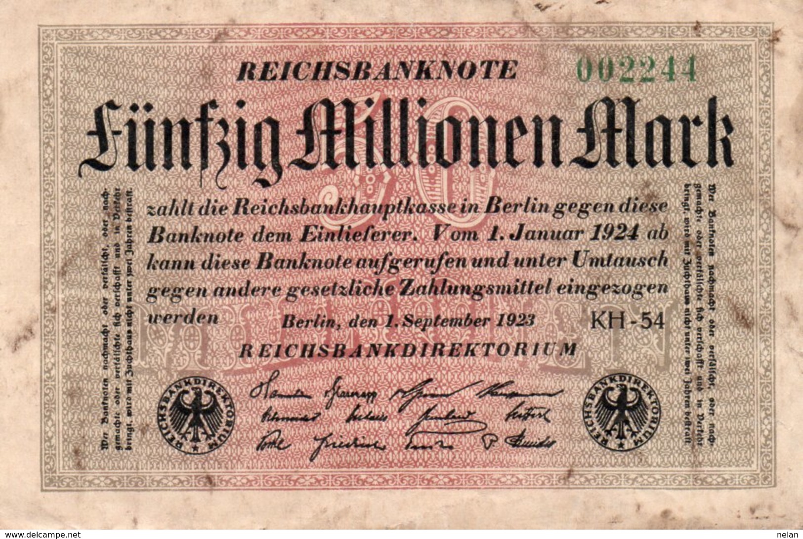 GERMANY-50 MILLIONEN MARK 1923  P-109b.2  CIRC  UNIFACE  SERIE 002244 - 20 Mio. Mark