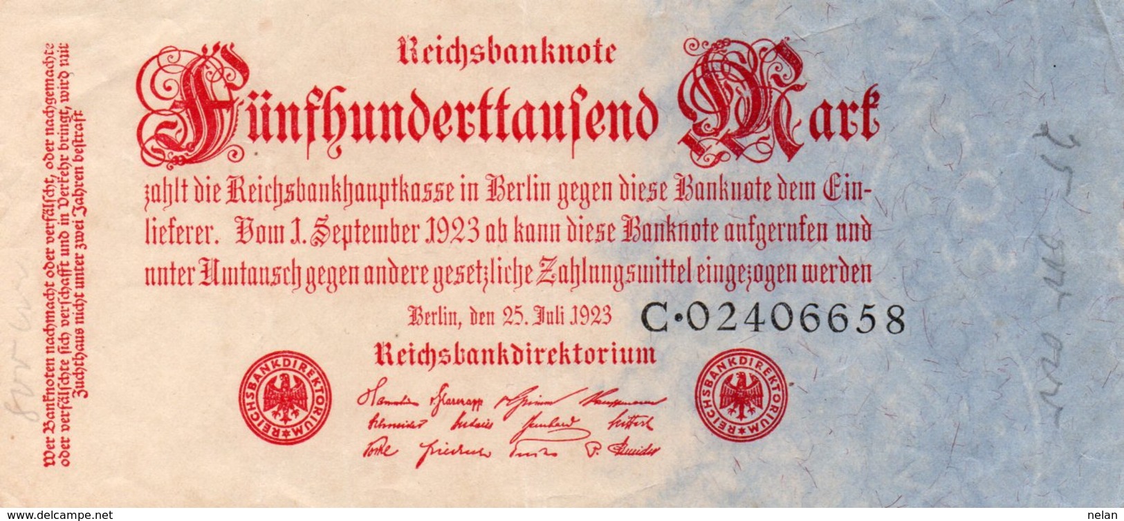 GERMANY-500000 MARK 1923  P-92.1  XF+AUNC  UNIFACE  SERIE C-02406658 - 500.000 Mark