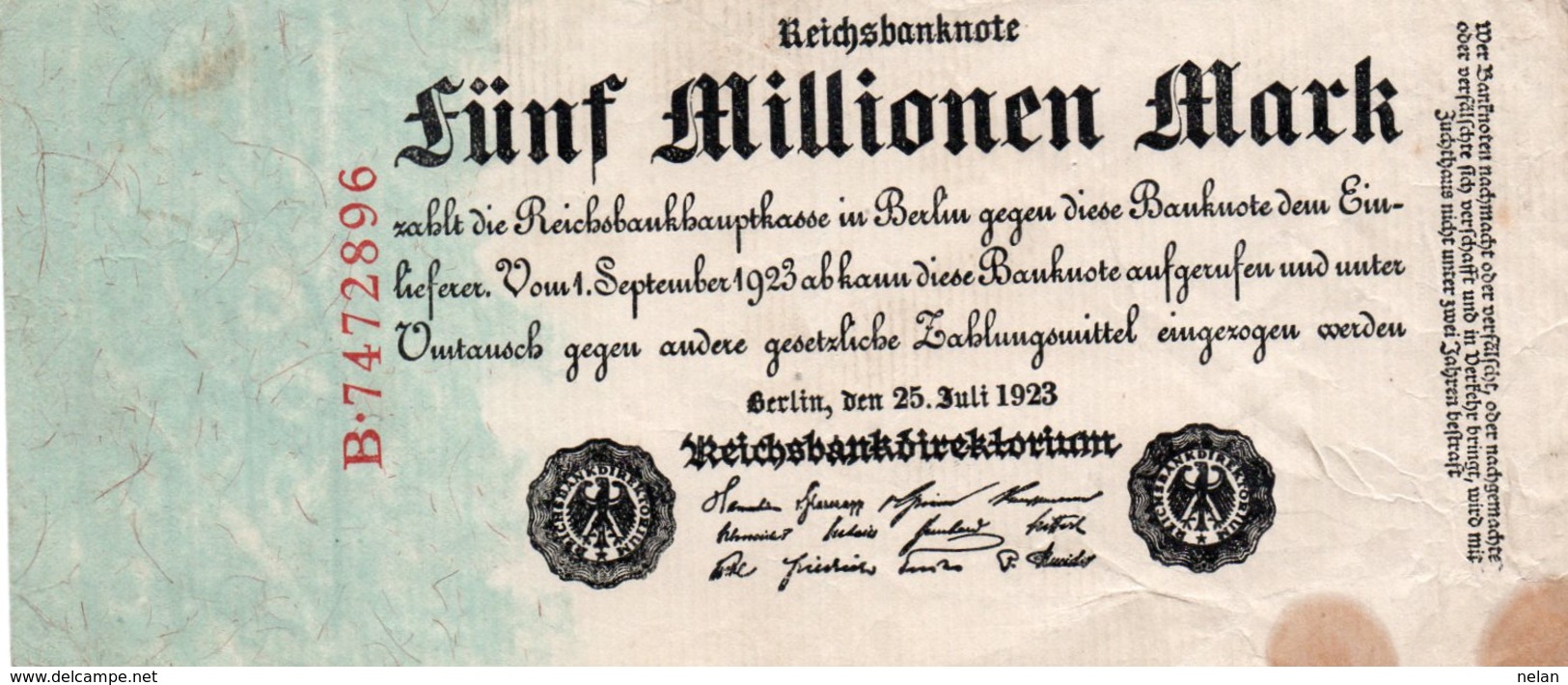 GERMANY-5000000 MARK 1923  P-95  CIRC.  UNIFACE  SERIE B-7472896 - 5 Millionen Mark