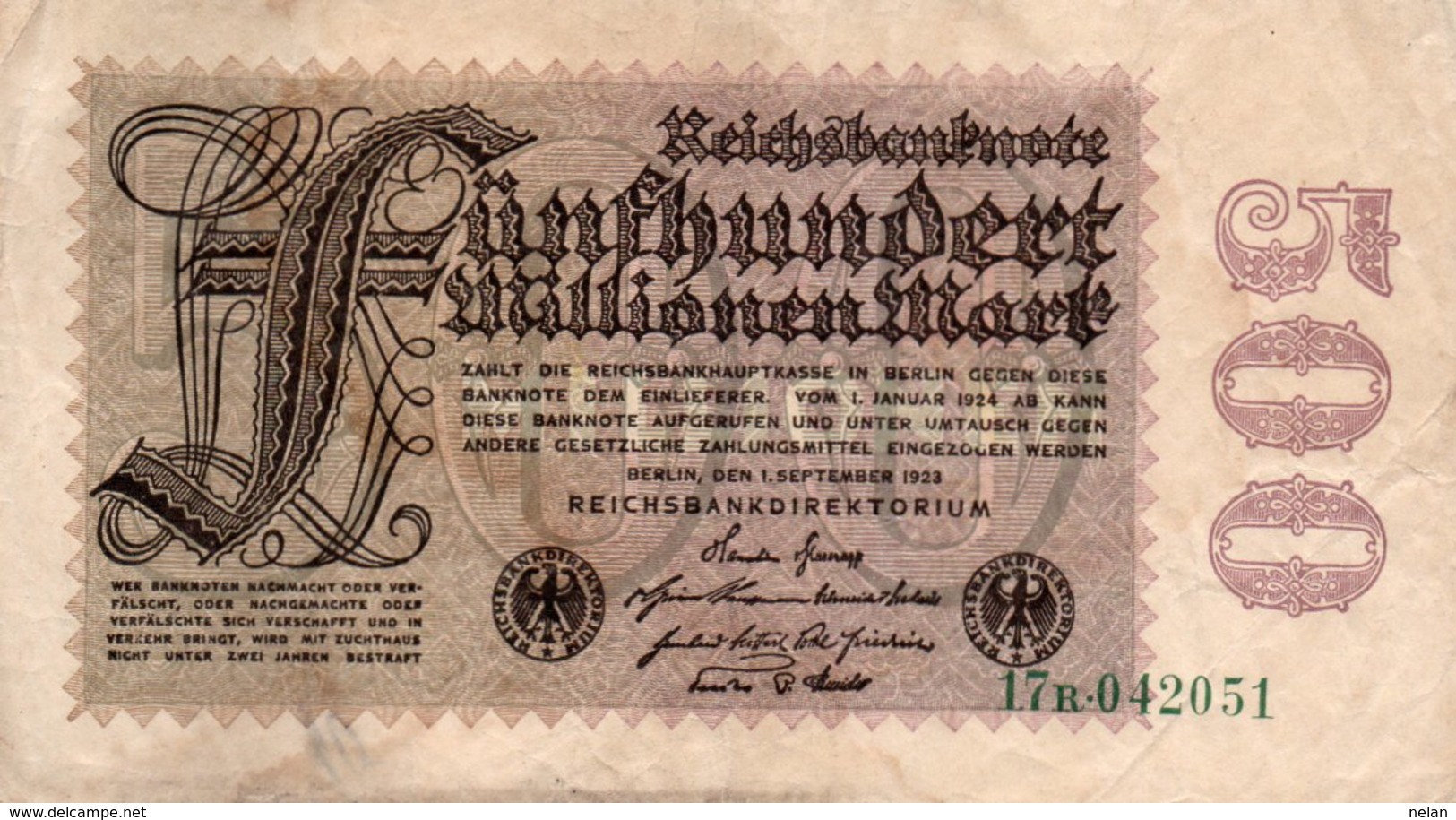 GERMANY-500 MILLIONEN MARK 1923  P-110b  CIRC  UNIFACE - 500 Miljoen Mark