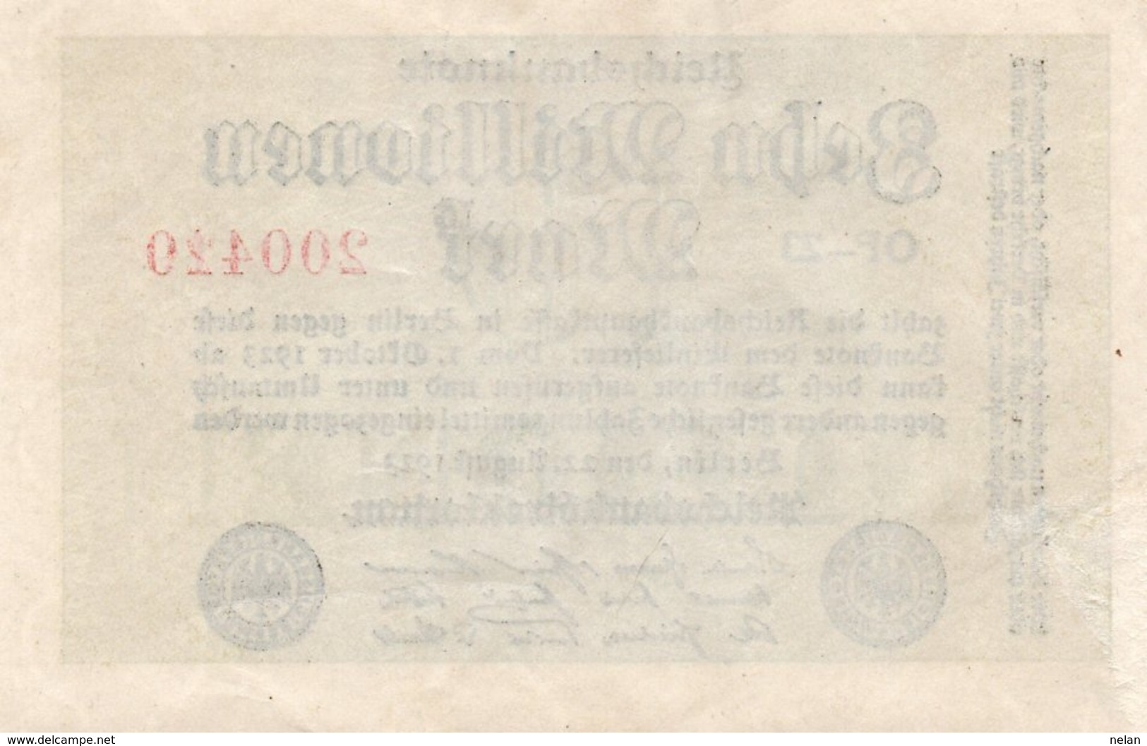 GERMANY-10 MILLIONEN MARK 1923  P-106d  AUNC  UNIFACE - 10 Millionen Mark