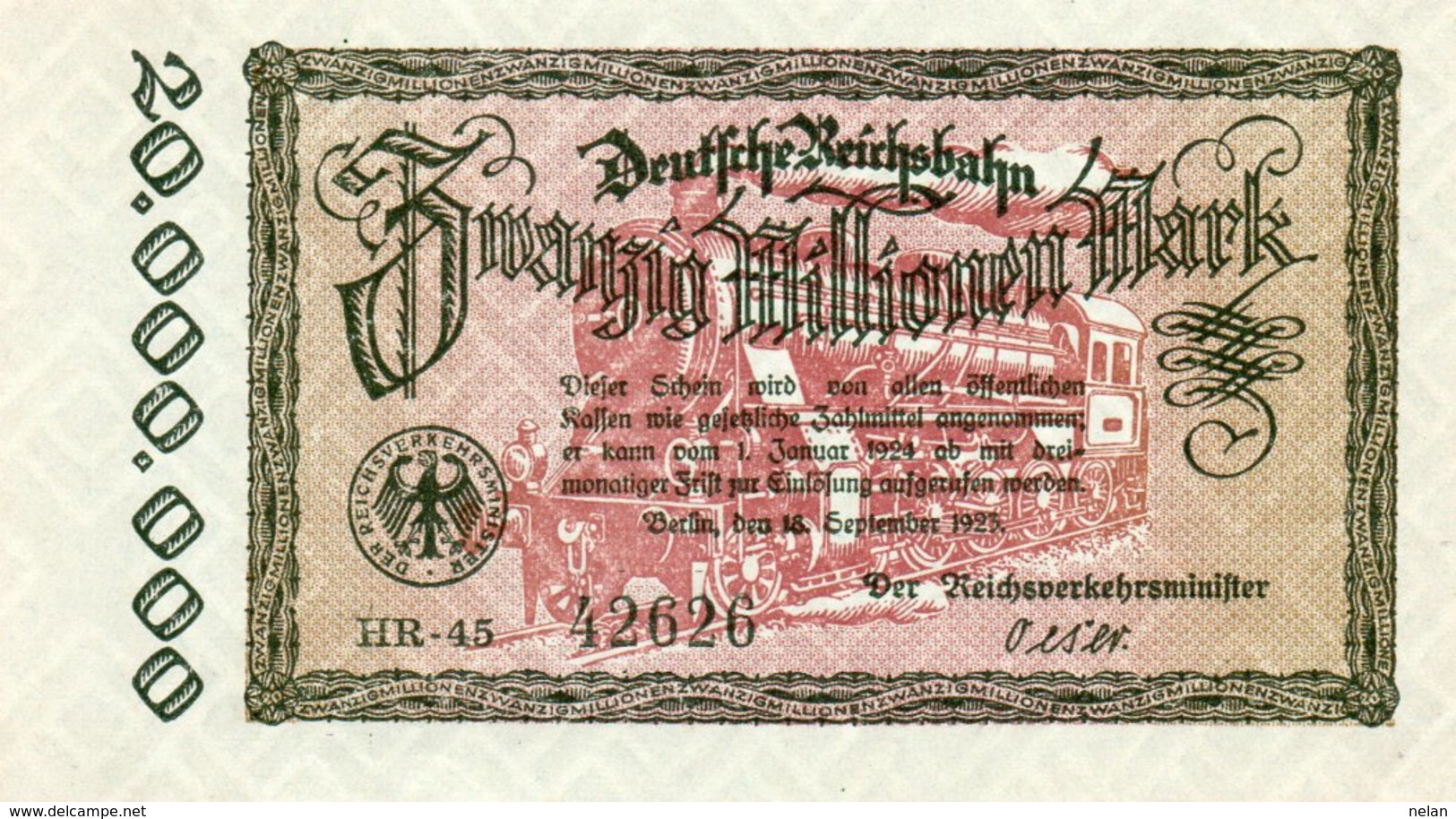 GERMANY-20 MILLIONEN MARK 1923  P-S1015.3  UNC  UNIFACE  SERIE HR-45  42626 - 20 Mio. Mark