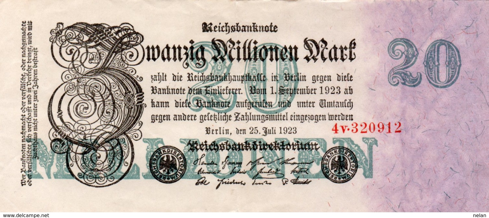 GERMANY-20 MILLIONEN MARK 1923  P-97.2  AUNC  UNIFACE  SERIE - 20 Miljoen Mark