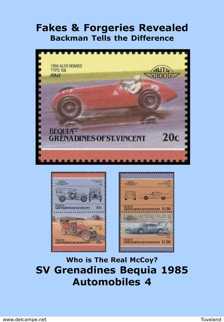 Fakes & Forgeries Revealed - Saint Vincent Grenadines Bequia 1985 - Automobiles 4 - PDF Documentation By Anders Backman - Vervalsingen En Reproducties