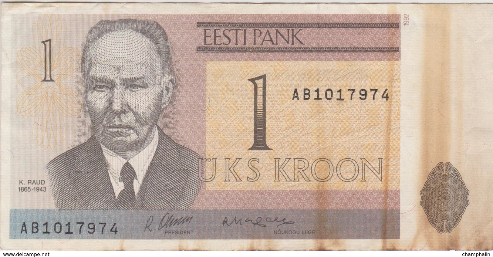 Estonie - Billet De 1 Kroon - Kristjan Raud - 1992 - P69a - Estonia