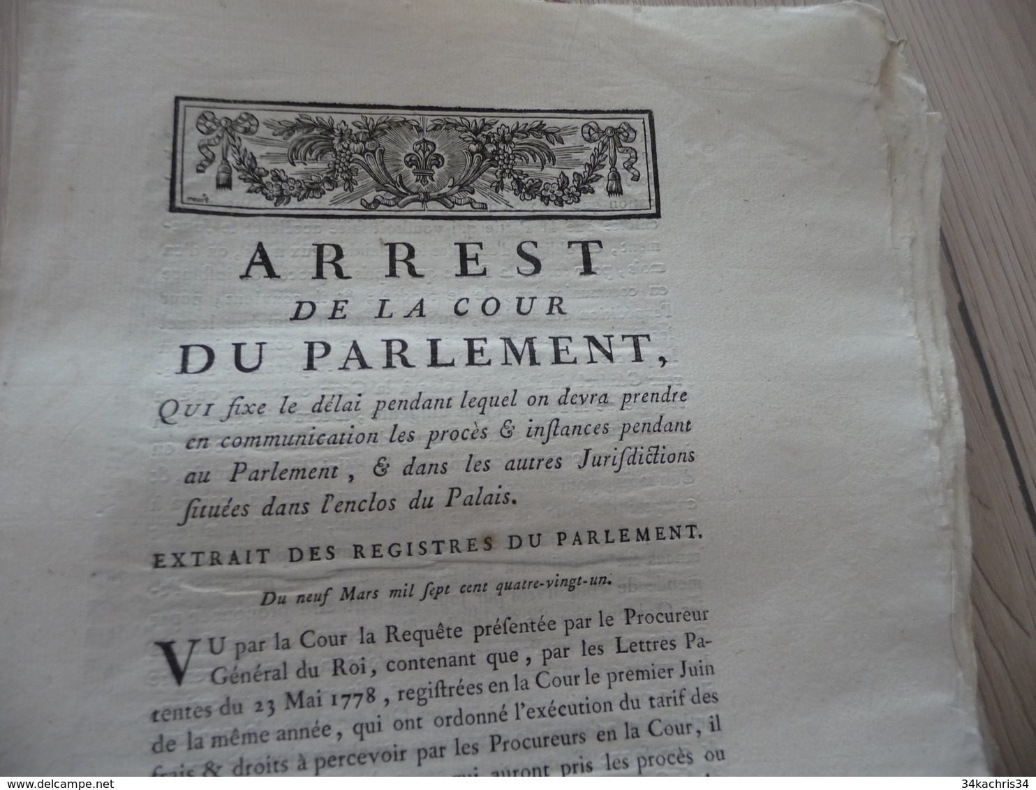 Arrest Cour Parlement 09/03/1781 Délai De Prise En Communication Instances... Justice - Gesetze & Erlasse
