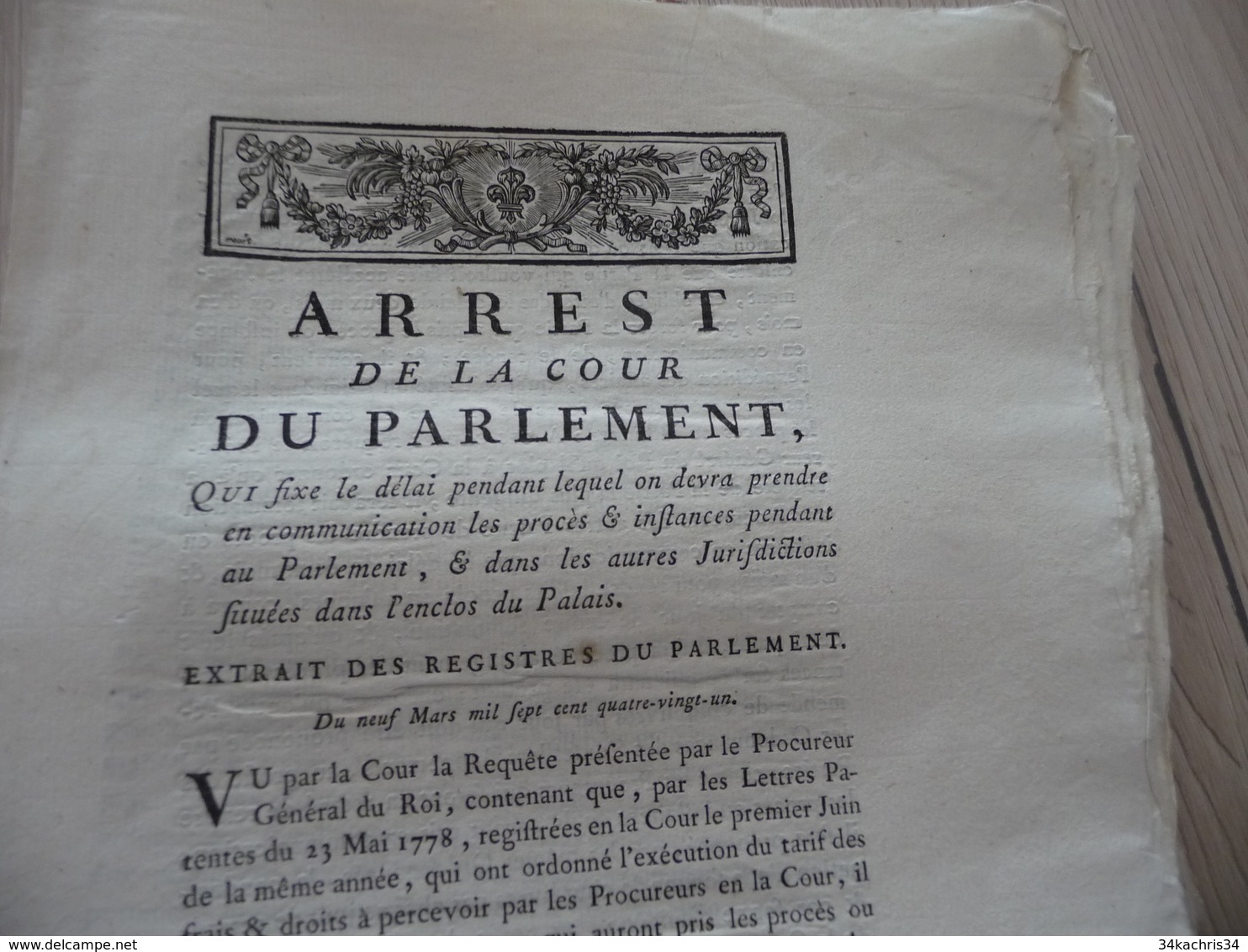 Arrest Cour Parlement 09/03/1781 Délai De Prise En Communication Instances... Justice - Décrets & Lois