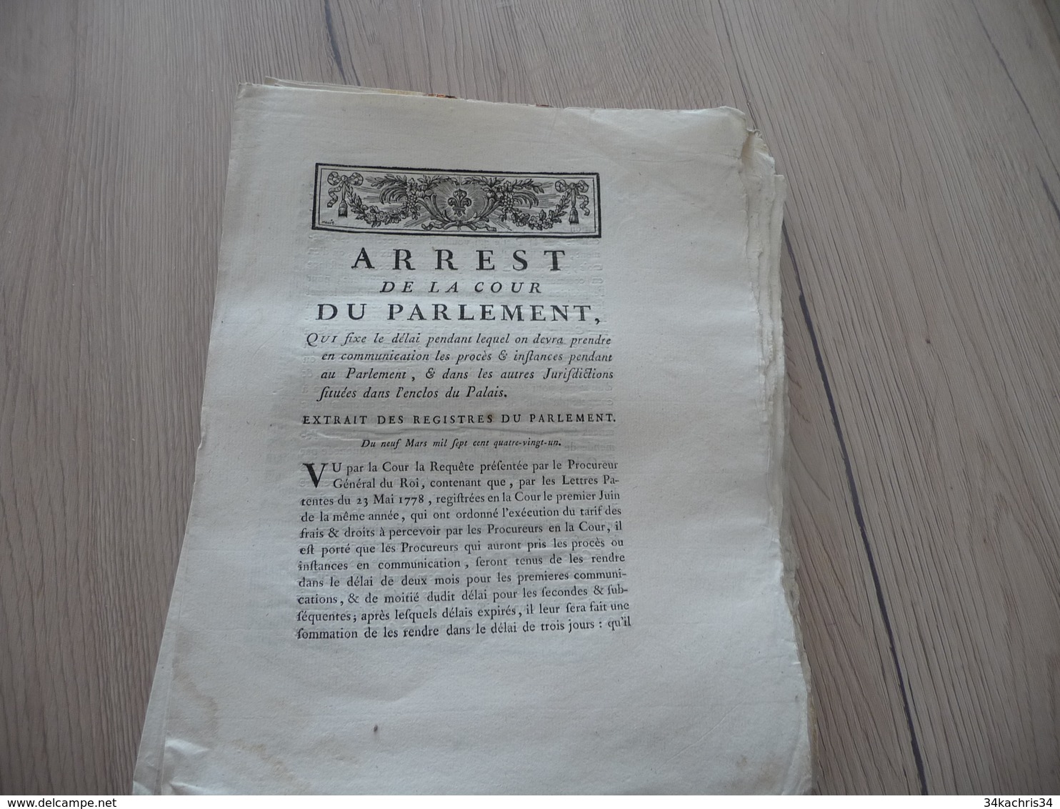 Arrest Cour Parlement 09/03/1781 Délai De Prise En Communication Instances... Justice - Décrets & Lois