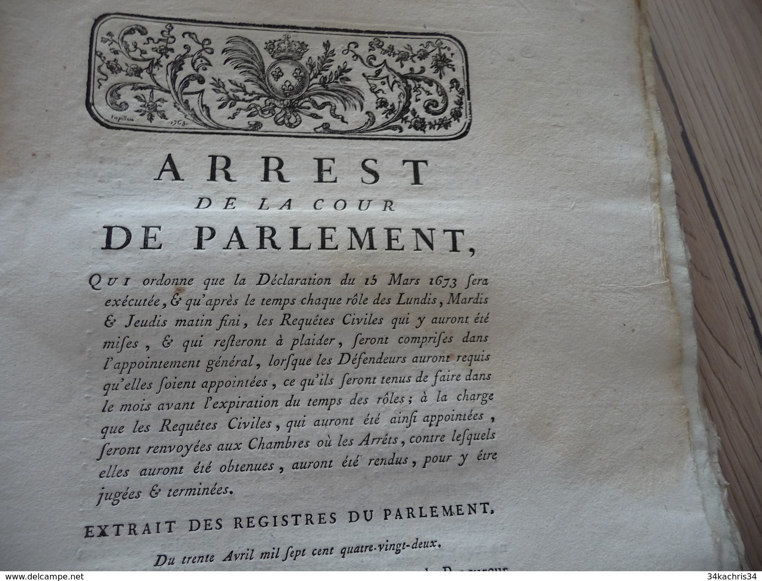 Arrest Cour Du Parlement 30/04/1782 Ordre Applications Déclaration Du 15/03/1673 Justice - Décrets & Lois