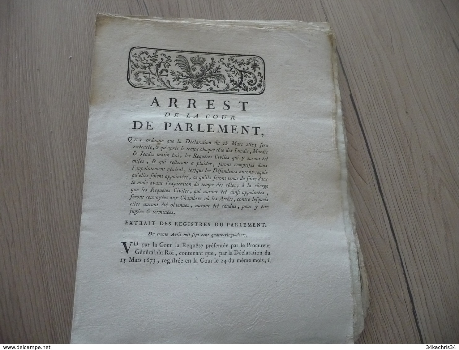 Arrest Cour Du Parlement 30/04/1782 Ordre Applications Déclaration Du 15/03/1673 Justice - Décrets & Lois