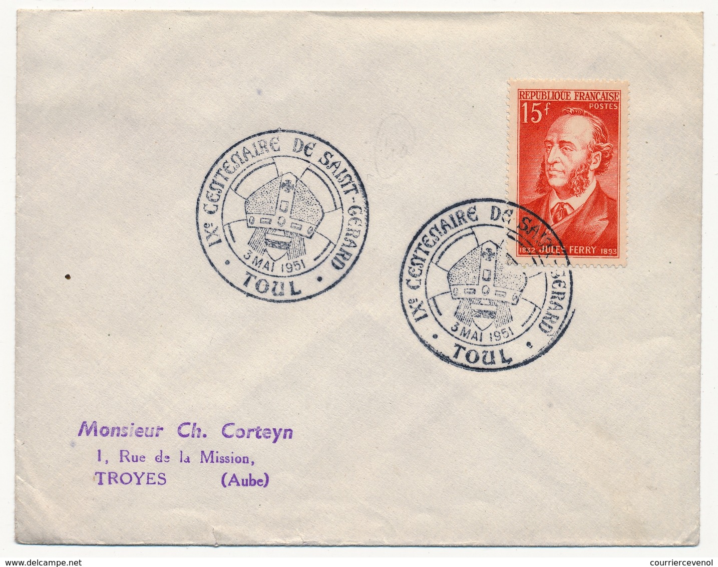 FRANCE - Env Cachet Temporaire "IXe CENTENAIRE DE SAINT-GERARD" - 3/5/1951 - TOUL - Commemorative Postmarks