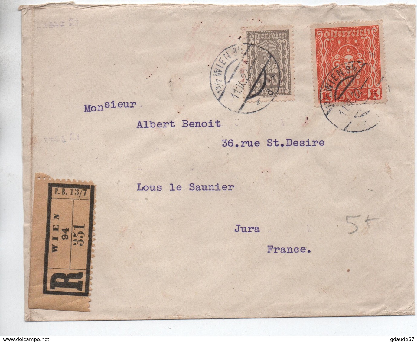 1922 - ENVELOPPE De WIEN Pour LONS LE SAUNIER (JURA) - Briefe U. Dokumente