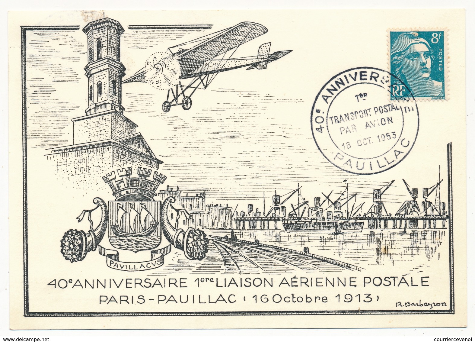 FRANCE - CP Cachet Temporaire "40eme Anniversaire 1er Transport Postal Par Avion" 19/10/1953 - PAUILLAC - Matasellos Conmemorativos