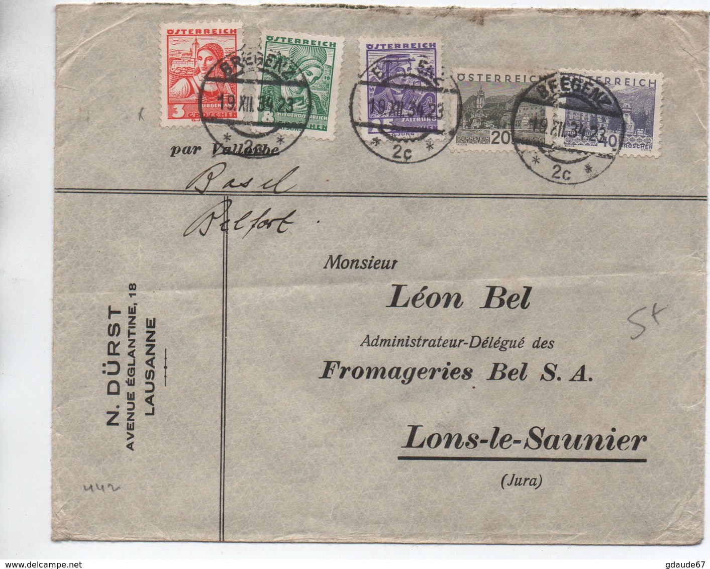 1934 - ENVELOPPE COMMERCIALE LAUSANNE EXPEDIEE De BREGENZ Pour LONS LE SAUNIER (JURA) - Lettres & Documents