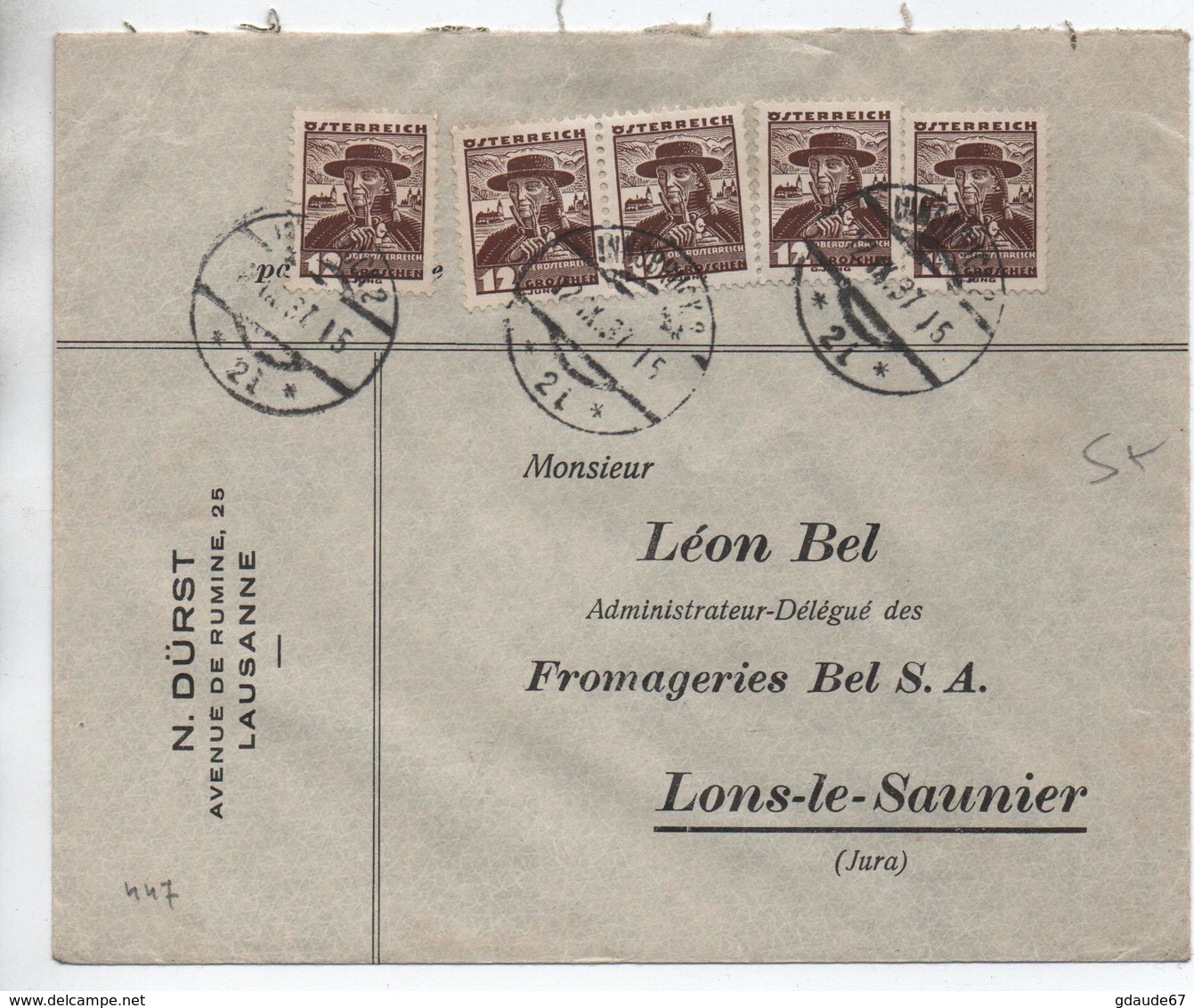 1937 - ENVELOPPE COMMERCIALE LAUSANNE EXPEDIEE De INNSBRUCK Pour LONS LE SAUNIER (JURA) - Storia Postale