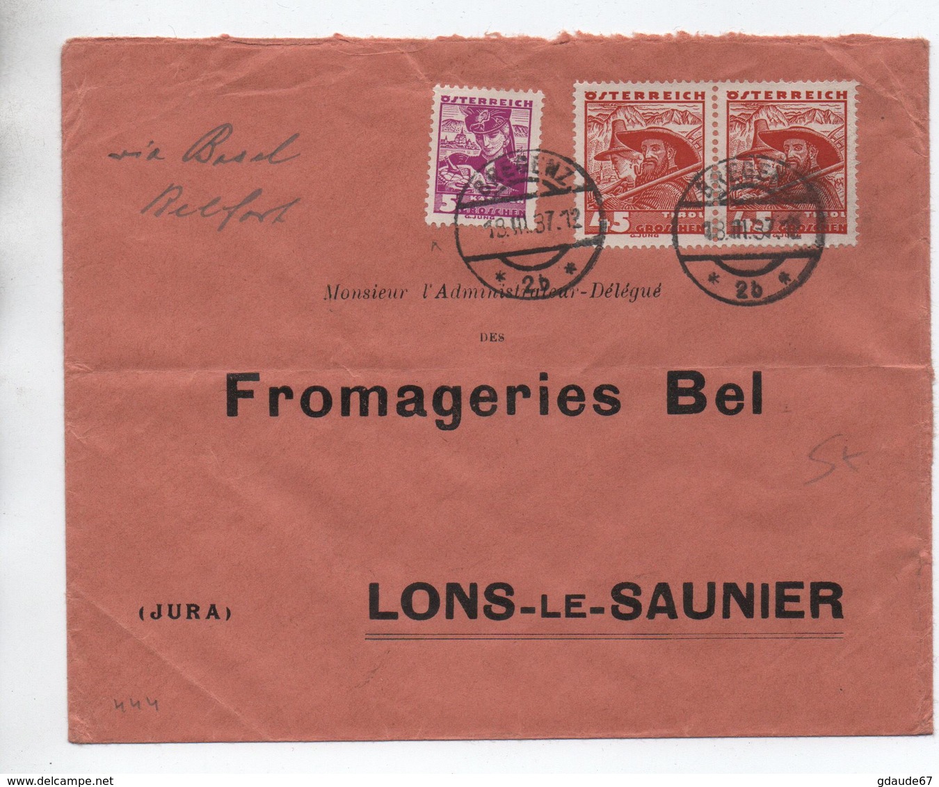 1937 - ENVELOPPE COMMERCIALE De BREGENZ Pour LONS LE SAUNIER (JURA) - Brieven En Documenten