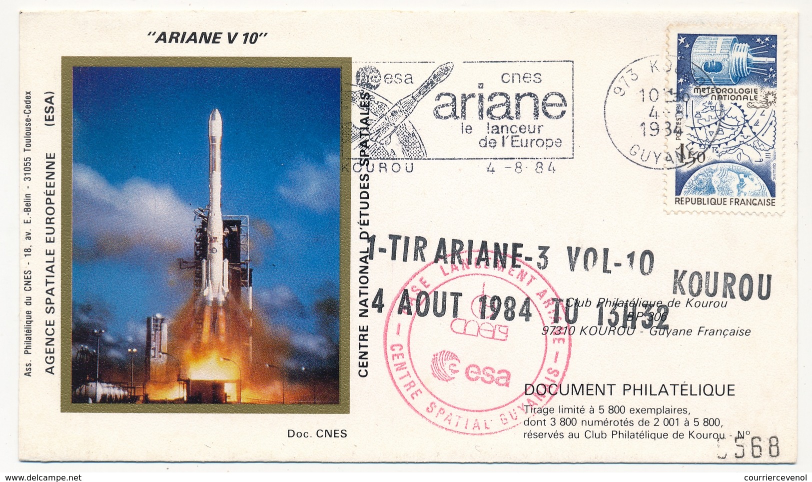 FRANCE - Env. Commémo. "1er Tir Ariane Vol 10 - 4/8/1984..." KOUROU Guyane (Omec) - Europa