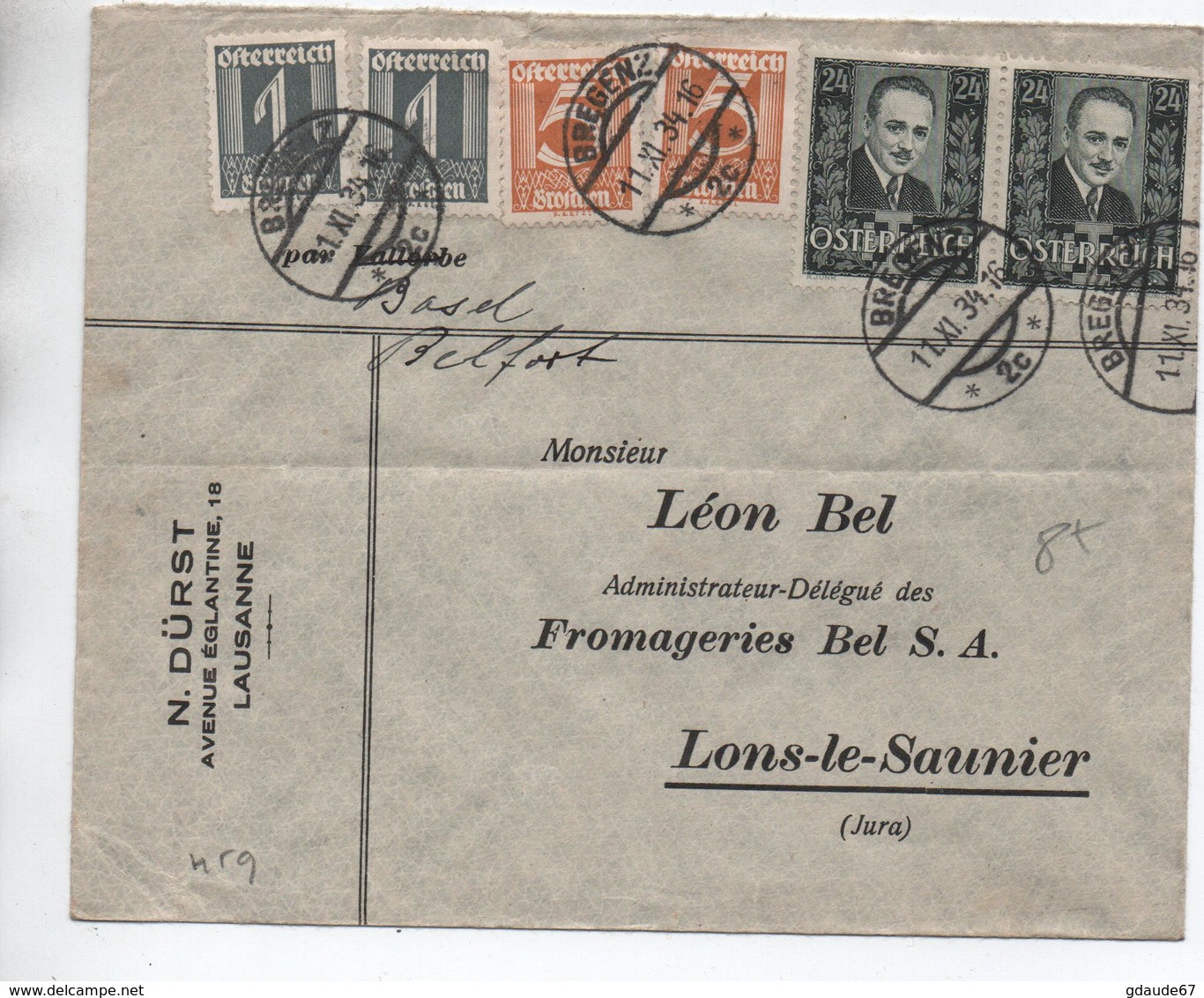 1934 - ENVELOPPE De BREGENZ Pour LONS LE SAUNIER (JURA) - Storia Postale