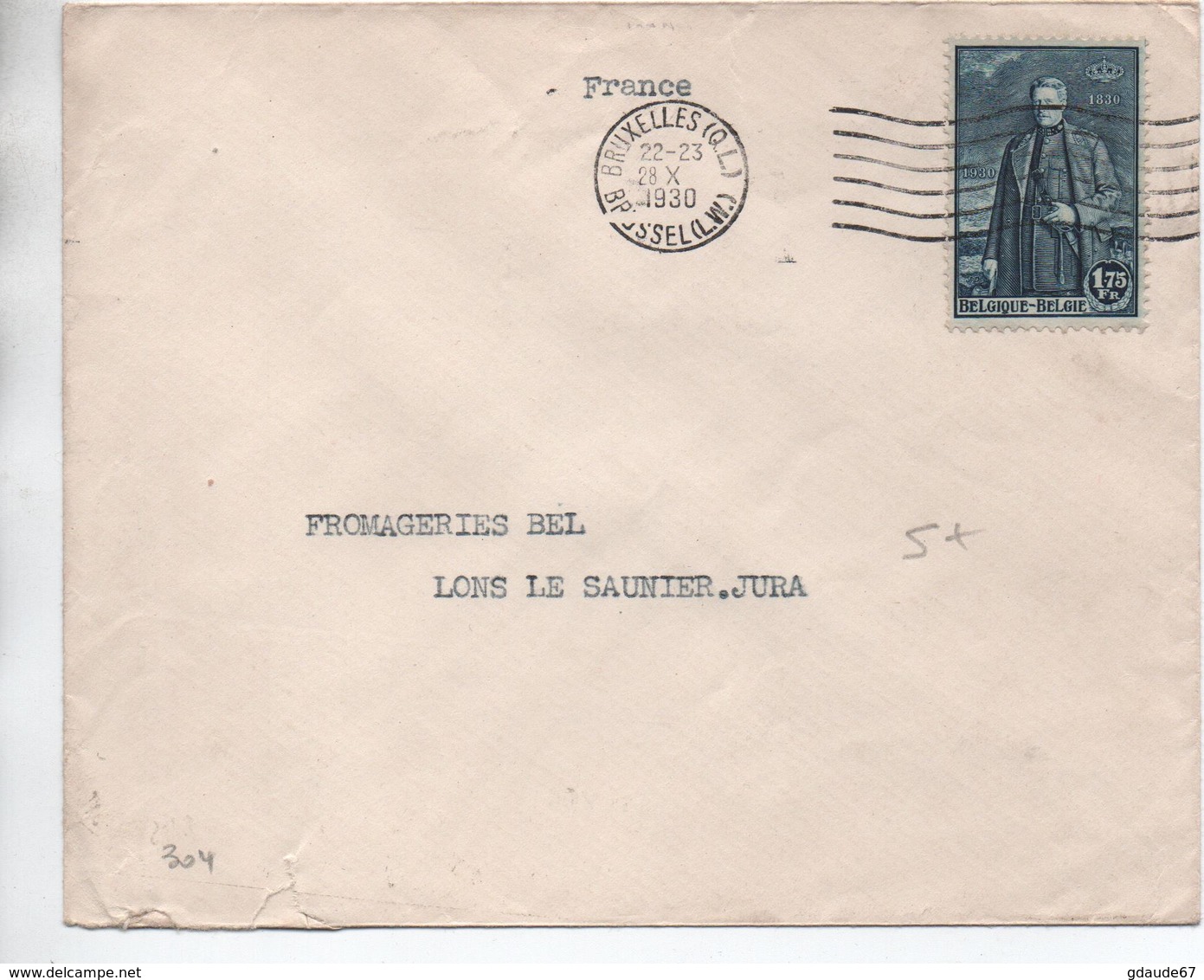 1930 - ENVELOPPE Avec SEUL De BRUXELLES Pour LONS LE SAUNIER (JURA) - Storia Postale